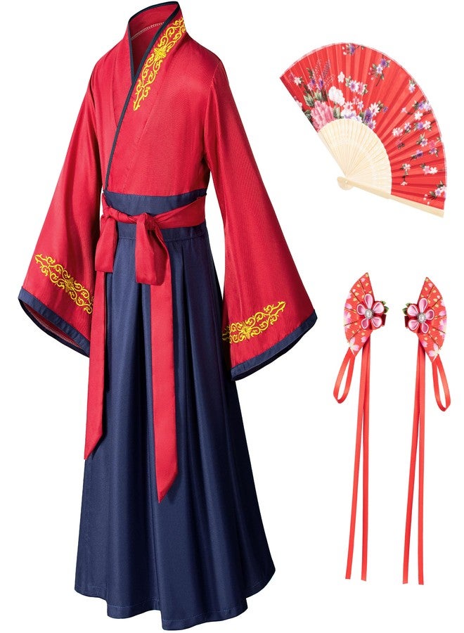 Elibelle Asian Traditional Dress Kimono Robe for Kids Girls Costume Silk Folding Fans hairstick Cosplay（Red Navy 150cm - Image 1